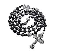 Nazareth Store Collana rosario da uomo in ematite nera da 10 mm, con perline in metallo, medaglia miracolosa e croce di perdono, 20 inches, Zinco, Nessuna pietra preziosa