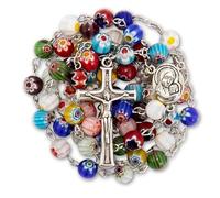 Nazareth Store Collana rosario in vetro di Murano fatta a mano multicolore Millefiori perline Rosario Medaglia della Terra Sacra e Crocifisso