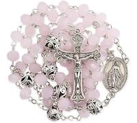 Nazareth Store Collana Rosario Misteriosa con Grani di Preghiera Cristallo da 8 mm e Lega da 10 mm, Medaglia Miracolosa e Croce Cattolica (Rosa)