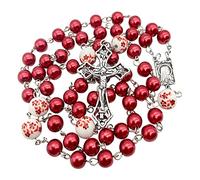 Nazareth Store Perle di perle blu Rosario Collana di perline di fiori bianchi Medaglia di Lourdes e croce crocifisso