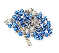 Nazareth Store Rosario con perle bianche e ciondolo a forma di padre nostro, medaglia di Lourdes e croce crocifisso spirituale devozione (Blu)