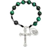 Nazareth Store Rosario tascabile con perline occhio di tigre, realizzato a mano, con medaglia di San Giuseppe e croce di Gesù in pietra vulcanica color argento anticato, ideale per i viaggi, One Size