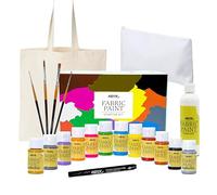 Nazca Colors Fabric Paint Starter Kit - Set Pittura per Tessuti 10 Colori + Oro e Argento (30ml), Barattolo Bianco 100ml, Pennarello Nero per Stoffa, 4 Pennelli, Borsa Toilette e Tote Bag