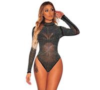 NBBNYJ Body Nero Donna Elegante Vintage Bodysuit Estivi Mesh Daimonds Manica Lunga Blusa Camicie Top Tuta Abbigliamento Nero-4 M