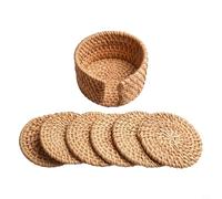 NbgrvB Set di 6 sottobicchieri in paglia intrecciata naturale, con rastrelliera, sottopentola rotondi fatti a mano, per bevande calde e fredde, tovagliette termoisolanti, color cachi