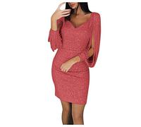 NBHY Abito da sera da donna con brillantini, elegante abito da festa, con scollo a V, a maniche lunghe, slim fit, corto, da cocktail, da donna, sottile, elegante, vestibilità midi, Colore: rosso, M