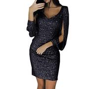 NBHY Abito da sera da donna con brillantini, elegante abito da festa, con scollo a V, a maniche lunghe, slim fit, corto, da cocktail, da donna, sottile, elegante, vestibilità midi, Nero , S