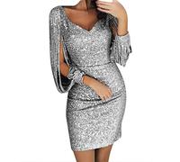 NBHY Abito da sera da donna con brillantini, elegante abito da festa, con scollo a V, a maniche lunghe, slim fit, corto, da cocktail, da donna, sottile, elegante, vestibilità midi, argento, L