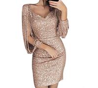 NBHY Abito da sera da donna con brillantini, elegante abito da festa, con scollo a V, a maniche lunghe, slim fit, corto, da cocktail, da donna, sottile, elegante, vestibilità midi, cachi, S