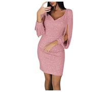 NBHY, abito da sera da donna, elegante, con paillettes, scollo a V, con nappine, a maniche lunghe, a vestito aderente, corto, da cocktail, con paillettes, stile skinny, vestito midi a fascia, tunica