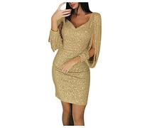 NBHY, abito da sera da donna, elegante, con paillettes, scollo a V, con nappine, a maniche lunghe, a vestito aderente, corto, da cocktail, con paillettes, stile skinny, vestito midi a fascia, tunica