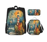 NBRIEU The Seaside Lighthouse, zaino tascabile, astuccio e borsa per il pranzo, per uomini e donne, grande capacità, nero, taglia unica, Nero, One Size