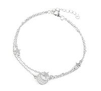 Nbsameng Bracciale in argento 925 doppio strato con combinazione di stella e luna,pietre di zirconio blu,catena di estensione,lunghezza regolabile, Taglia unica, Rame Argento
