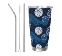 NBSKSDLK Bicchiere da caffè blu a forma di pallavolo, 590 ml, in acciaio inox, con coperchio e cannuccia, tazza da viaggio a doppia parete per caldo/freddo, a prova di fuoriuscite, per casa, ufficio