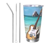 NBSKSDLK Bicchiere da caffè con chitarra sulla spiaggia, 590 ml, in acciaio inox, isolamento sottovuoto, con coperchio e cannuccia, tazza da viaggio a doppia parete per caldo/freddo, a prova di