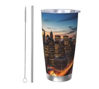 NBSKSDLK Bicchiere da caffè con paesaggio di New York City, da 590 ml, in acciaio inox, con coperchio e cannuccia, tazza da viaggio a doppia parete per caldo/freddo, a prova di fuoriuscite, per casa