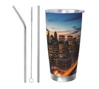 NBSKSDLK Bicchiere da caffè con paesaggio di New York City, da 590 ml, in acciaio inox, con coperchio e cannuccia, tazza da viaggio a doppia parete per caldo/freddo, a prova di fuoriuscite, per casa