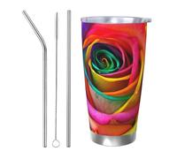 NBSKSDLK Bicchiere da caffè con rosa colorata, 590 ml, in acciaio inox, isolamento sottovuoto, con coperchio e cannuccia, tazza da viaggio a doppia parete per caldo/freddo, a prova di fuoriuscite, per