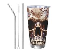 NBSKSDLK Bicchiere da caffè con teschio su sfondo bianco, 590 ml, in acciaio inox, con coperchio e cannuccia, tazza da viaggio a doppia parete per caldo/freddo, a prova di fuoriuscite, per casa