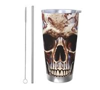 NBSKSDLK Bicchiere da caffè con teschio su sfondo bianco, 590 ml, in acciaio inox, con coperchio e cannuccia, tazza da viaggio a doppia parete per caldo/freddo, a prova di fuoriuscite, per casa