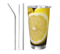 NBSKSDLK Bicchiere da caffè giallo al limone, 590 ml, in acciaio inox, con coperchio e cannuccia, tazza da viaggio a doppia parete per caldo/freddo, a prova di fuoriuscite, per casa, ufficio, auto