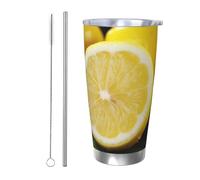 NBSKSDLK Bicchiere da caffè giallo al limone, 590 ml, in acciaio inox, con coperchio e cannuccia, tazza da viaggio a doppia parete per caldo/freddo, a prova di fuoriuscite, per casa, ufficio, auto