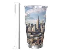NBSKSDLK Bicchiere da caffè New York City, da 590 ml, in acciaio inox, con coperchio e cannuccia, tazza da viaggio a doppia parete per caldo/freddo, a prova di fuoriuscite, per casa, ufficio, auto
