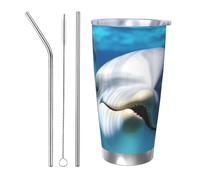 NBSKSDLK Delfino con un sorriso Tumbler da 590 ml, in acciaio inox, isolamento sottovuoto, con coperchio e cannuccia, tazza da viaggio a doppia parete per caldo/freddo, tazza termica a prova di