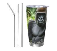 NBSKSDLK Gorilla in the Grass - Bicchiere da caffè isolato sottovuoto, in acciaio inox, con coperchio e cannuccia, tazza da viaggio a doppia parete per caldo/freddo, a prova di fuoriuscite, per casa