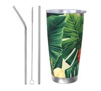 NBSKSDLK hojas tropicales y flores - Bicchiere da caffè isolato sottovuoto, in acciaio inox, con coperchio e cannuccia, tazza da viaggio a doppia parete per caldo/freddo, a prova di fuoriuscite, per