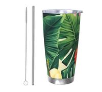 NBSKSDLK hojas tropicales y flores - Bicchiere da caffè isolato sottovuoto, in acciaio inox, con coperchio e cannuccia, tazza da viaggio a doppia parete per caldo/freddo, a prova di fuoriuscite, per