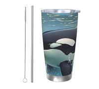 NBSKSDLK Orca Killer Whale Tumbler da 590 ml, in acciaio inox, isolamento sottovuoto, con coperchio e cannuccia, tazza da viaggio a doppia parete per caldo/freddo, tazza termica a prova di fuoriuscite
