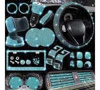 NBTEPEM - Set di 27 accessori luccicanti per auto da donna, colore acquamarina, coprivolante universale, misura 38 cm, cornice per targa con strass, sottobicchieri, motivo: Aquamarine Diamond