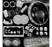 NBTEPEM Set di 27 accessori per auto brillanti da donna, coprivolante, misura universale, 38 cm, cornice targa, supporto per telefono, sottobicchieri per auto luccicanti (diamante argento)