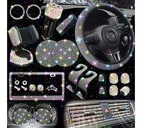 NBTEPEM Set di 27 accessori per auto multicolore da donna, coprivolante luccicante, universale, misura 38,1 cm, cornice per targa, supporto per telefono, sottobicchieri per auto