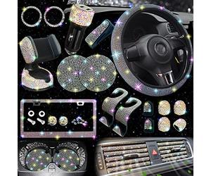 NBTEPEM Set di 27 accessori per auto multicolore da donna, coprivolante luccicante, universale, misura 38,1 cm, cornice per targa, supporto per telefono, sottobicchieri per auto