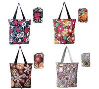 NC 4 Pack Foldable Kitchen Reusable Grocery Bags Floral Designs with Zipper Folding Shopping Tote Bags Lightweight Durable Large Bags 50LBS for Grocery