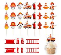 NCEJNY 32 Pezzi Decorazioni Torta Compleanno Pompieri - Topper Torta in Legno e Accessori Camion dei Pompieri per Cupcake e Muffin - Kit Festa Compleanno Bambini Tema Vigili del Fuoco