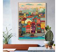 NCHEOI Dipinti d'arte Casa colorata sull'acqua Poster vintage Paesaggio urbano Arte nordica Stampe su tela Immagine della parete Decorazione della casa moderna 50x70 cm Senza cornice