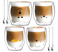 NCKIHRKK Kawaii - Bicchieri da latte macchiato, 4 x 250 ml, a doppia parete, con cucchiaio, a doppia parete, per cappuccino, latte, macchiato, gelato, latte
