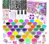 NCKIHRKK Kit Glitter Tattoo Temporanei,Tatuaggi Temporanei Scintillanti e Colorati per Bambini,Kit Tatuaggio Finti per Viso e Corpo,42 Colori 145 Stencil,Compleanno Halloween Natale Carnevale Regalo