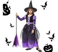 NCKIHRKK Vestito Strega Halloween per Bambina, Halloween Costume de Strega con Cappello, Scopa, Cintura, Vestiti Halloween Carnevale per Bambina 7-8 Anni