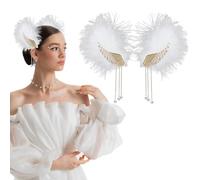 Ncozwo Fermagli per capelli con piume d'angelo, con nappa, fermagli per capelli a forma di demone d'angelo, accessori per capelli per Halloween, per feste in maschera (lanugine bianche)