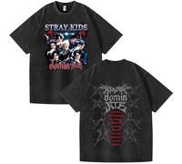 NCTCITY Uomo Donna T-Shirt in Cotone Stray Kids Dominate World Tour Carino Animali Stampato Maglietta Vintage Batik Camicia a Manica Corta Harajuku Blusa Tops Nero Hyunjin Han Felix I.N