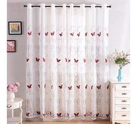 NCWANG Tende per Interni Voile Semi Trasparenti Bianche, Tende Leggere Morbida, 2 Pezzi 140x260 CM Farfalla rossa Tende Trasparenti in Voile Ricamata per Camera da Letto e Soggiorno Finestra Moderne