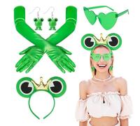 NebulaGlam 4 Pezzi Costume Rana Accessori, Accessori per Vestire la Rana, Fascia a Forma di Rana, Occhiali, Orecchini, Guanti Verdi a Maniche Lunghe, Costume da Rana per Carnevale e Feste a Tema