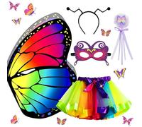 NebulaGlam 5 Pezzi Farfalla Costume da Fata, Costume Farfalla per Bambina, Ali Farfalla con Tutu Gonna Cerchietto Maschera Bacchetta Magica per Halloween Carnevale Fancy Dress Play Party (Colorato)