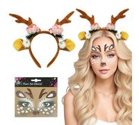 NebulaGlam Cerchietto con Corna di Cervo, Cerchietto per Capelli con Corna di Cervo, Cerchietto con Corna di Cervo + Tatuaggio Faccia di Cervo, Fascia per la Renna per Carnevale Halloween (A)