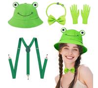 NebulaGlam Costume da Principe Ranocchio di Carnevale per donna, uomo e bambino, Cappello da sole a forma di rana, cappello da pescatore, papillon, guanti, bretelle, costume da rana per Carnevale