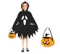 NebulaGlam Costume per Bambini con Fantasma, Costume Fantasma Bambino da Halloween, Mantello con Volto Fantasma, Mantello Bianco Fantasma con Borsa di Zucca per Bambino Halloween (Nero)